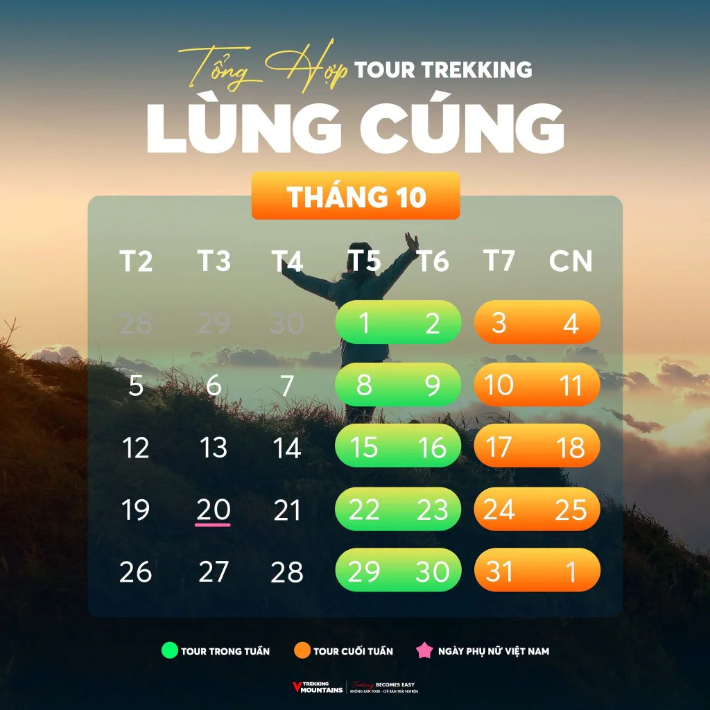 Lịch khởi hành tour trekking Lùng Cúng tháng 10/2026 trong tuần và cuối tuần của VMountains
