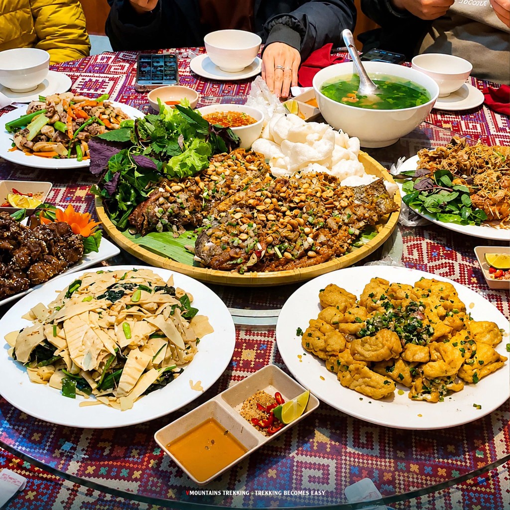 Bàn bữa chia tay: cá rán lạc, măng xào, đậu phụ chiên và bát canh