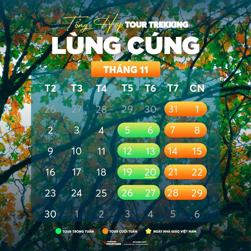 Lịch khởi hành tour trekking Lùng Cúng tháng 11/2026 mùa lá phong