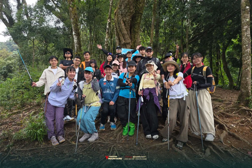 Đoàn trekking VMountains chụp ảnh tập thể trong rừng già trên đường lên Phu Sa Phìn
