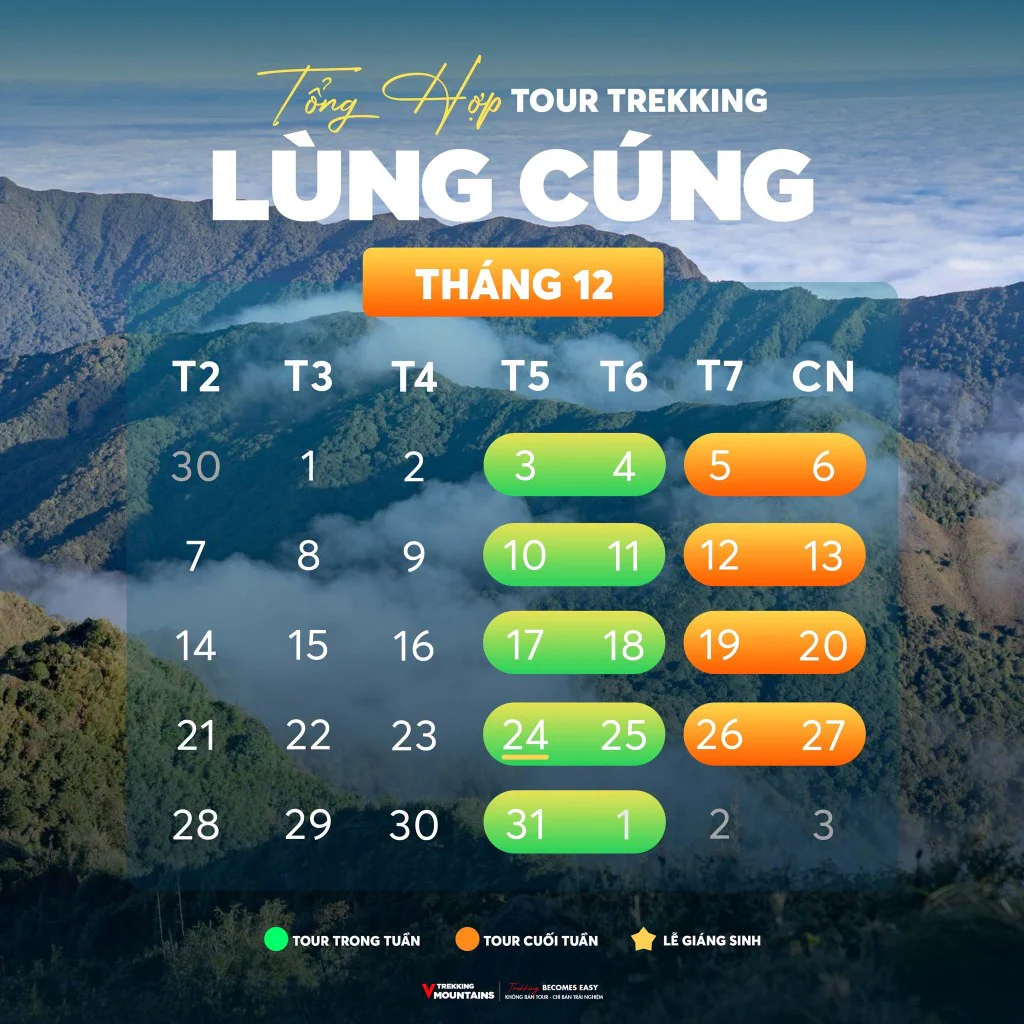 Lịch khởi hành tour trekking Lùng Cúng tháng 12/2026 với biển mây trên dãy Hoàng Liên Sơn